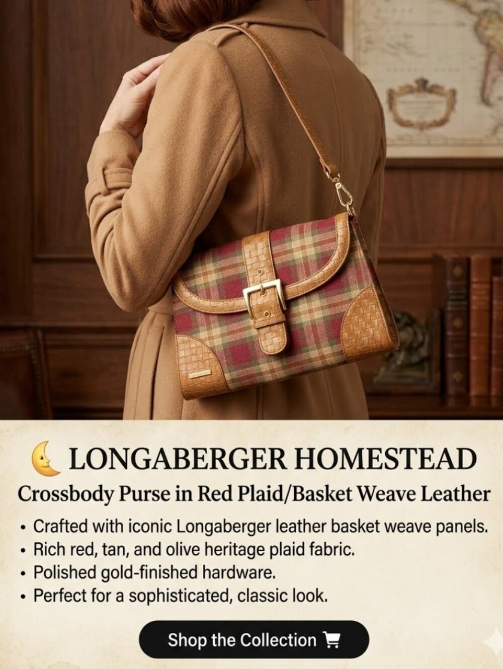 🌜LONGABERGER HOMESTEAD Crossbody Purse in Red Plaid/Basket Weave Leather